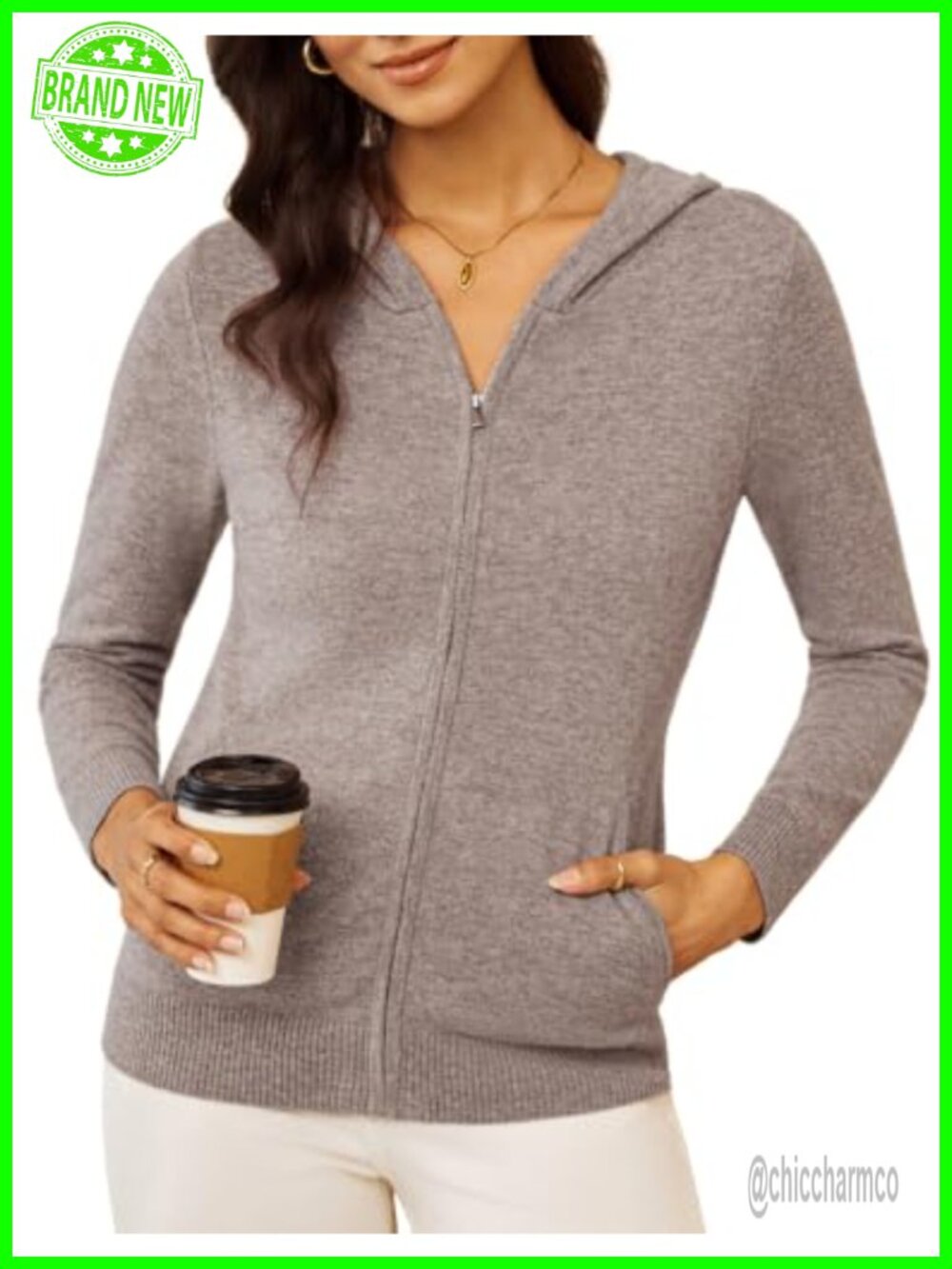 100% Merino Wool Zip Up Hooded Cardigan Sweater with Pockets